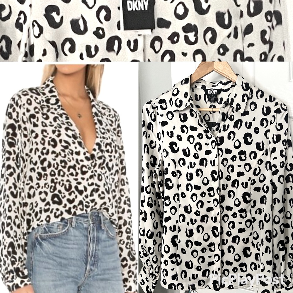 DKNY WHITE BLACK LEOPARD BUTTON DOWN LAPEL SILK FEEL LONG SLEEVE BLOUSE S NWT